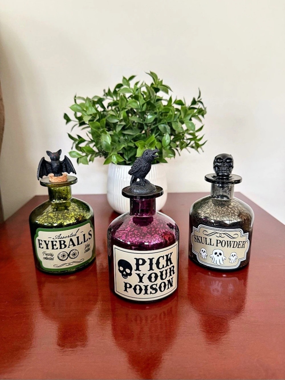 Set of 3 Halloween Apothecary Glass Bottles Skull Raven Bat Gothic Decor